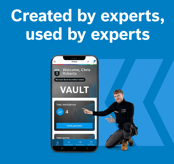 Installer next to phone showing VAULT on app and says 'Created by experts, used by experts'